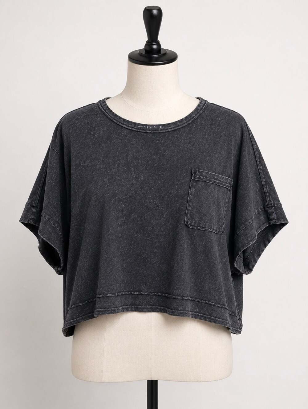 Alter’d State Aurora Pocket Boxy Tee Small Black Acid Wash Oversized Casual